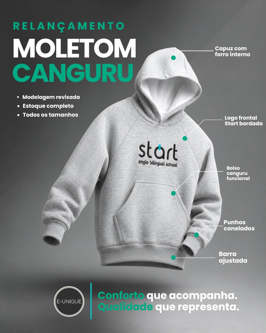 Blusa moletom canguru uniforme escolar Colégio Start Anglo cinza mescla