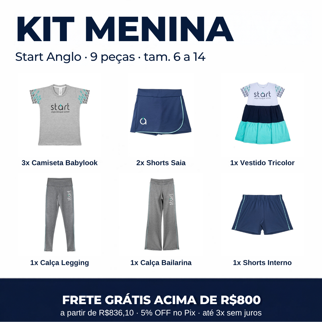 Kit Menina Start Anglo com 9 peças: 3 camisetas babylook, 2 shorts saia, 1 vestido tricolor, 1 calça legging, 1 calça bailarina e 1 shorts interno
